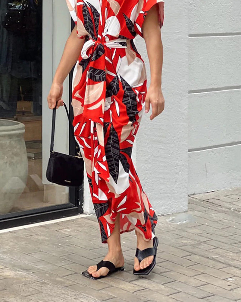 Casual Lapel Neck Waist Print Shirt Dress
