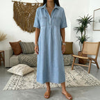 👗 50% OFF NOW! 👖 Casual Pocket Denim Midi Shirt Dress – Soft denim & relaxed fit – Functional pockets, perfect for everyday casual – comfortable and versatile ✨🌸