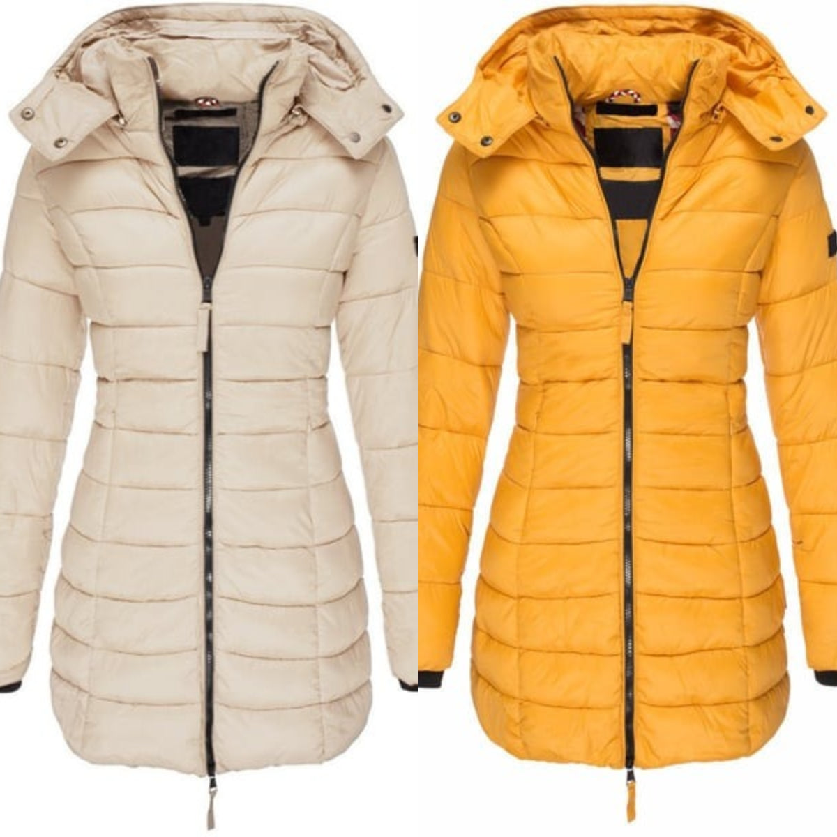 Winter women's mid-length padded jacket warm solid color hooded jacket