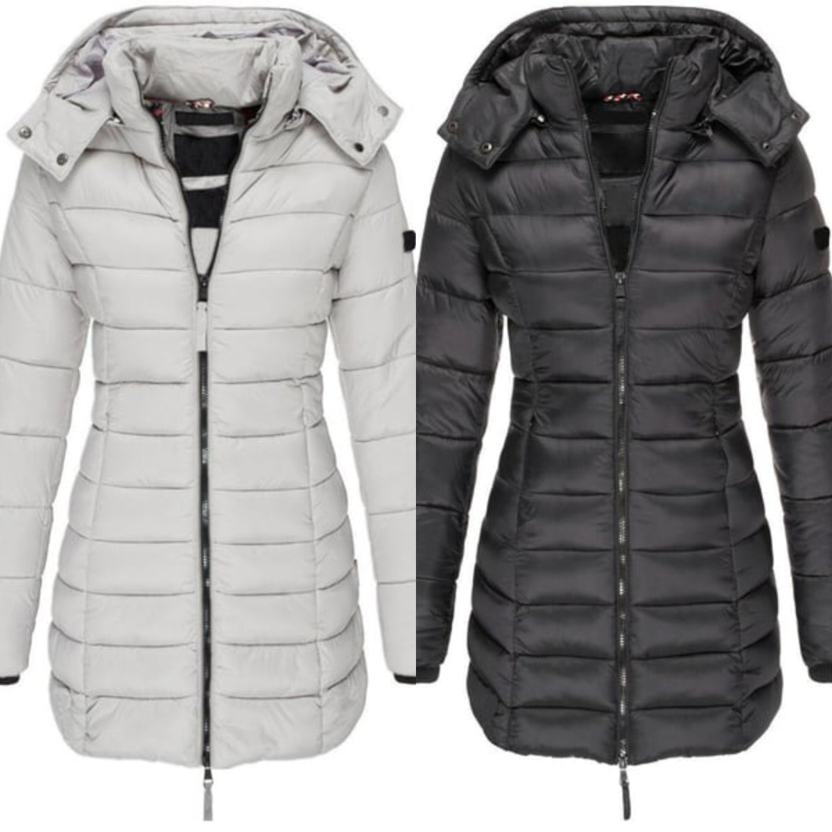 Winter women's mid-length padded jacket warm solid color hooded jacket
