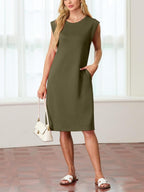 🔥Summer Sale 49% OFF💥Women Round Neck Loose Split Wrinkle-Free Midi Dress with Pockets | Split Hem Airflow Design