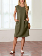 🔥Summer Sale 49% OFF💥Women Round Neck Loose Split Wrinkle-Free Midi Dress with Pockets | Split Hem Airflow Design