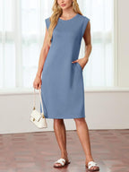 🔥Summer Sale 49% OFF💥Women Round Neck Loose Split Wrinkle-Free Midi Dress with Pockets | Split Hem Airflow Design