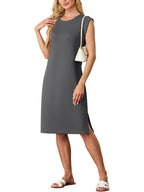 🔥Summer Sale 49% OFF💥Women Round Neck Loose Split Wrinkle-Free Midi Dress with Pockets | Split Hem Airflow Design