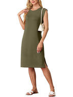 🔥Summer Sale 49% OFF💥Women Round Neck Loose Split Wrinkle-Free Midi Dress with Pockets | Split Hem Airflow Design