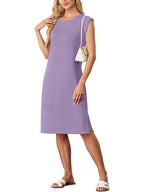 🔥Summer Sale 49% OFF💥Women Round Neck Loose Split Wrinkle-Free Midi Dress with Pockets | Split Hem Airflow Design