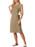 🔥Summer Sale 49% OFF💥Women Round Neck Loose Split Wrinkle-Free Midi Dress with Pockets | Split Hem Airflow Design