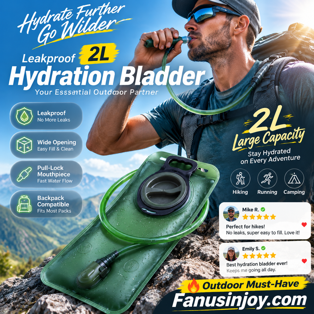 🔥50% Surprise Discount！🏕️Hydrate anytime, anywhere！💦2L Hydration Bladder with Quick-Release Tube