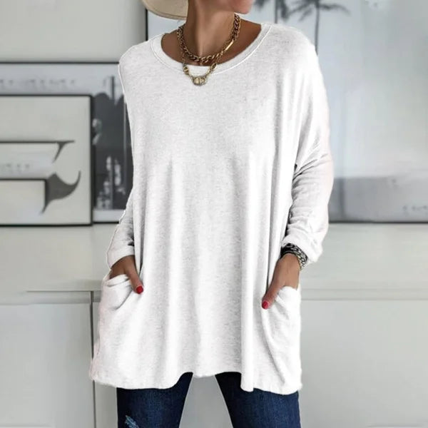 🔥Women's Loose-Fit Long-Sleeve Pocket Tunic with a Flattering Longer Length, Relaxed Silhouette, and Everyday Casual Charm