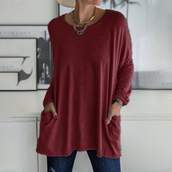 🔥Women's Loose-Fit Long-Sleeve Pocket Tunic with a Flattering Longer Length, Relaxed Silhouette, and Everyday Casual Charm