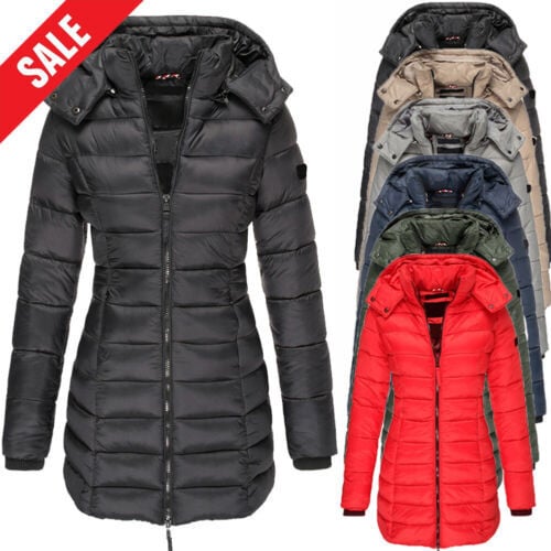 Winter women's mid-length padded jacket warm solid color hooded jacket