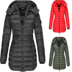 Winter women's mid-length padded jacket warm solid color hooded jacket