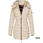 Winter women's mid-length padded jacket warm solid color hooded jacket