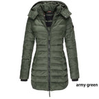 Winter women's mid-length padded jacket warm solid color hooded jacket