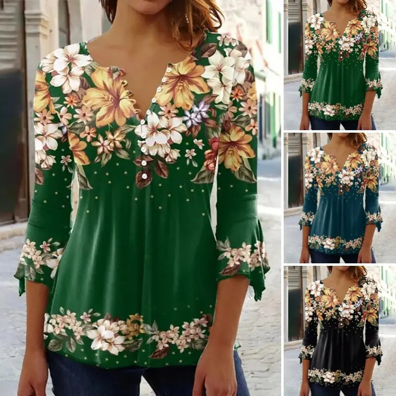 Women Elegant Floral Print V-Neck Top