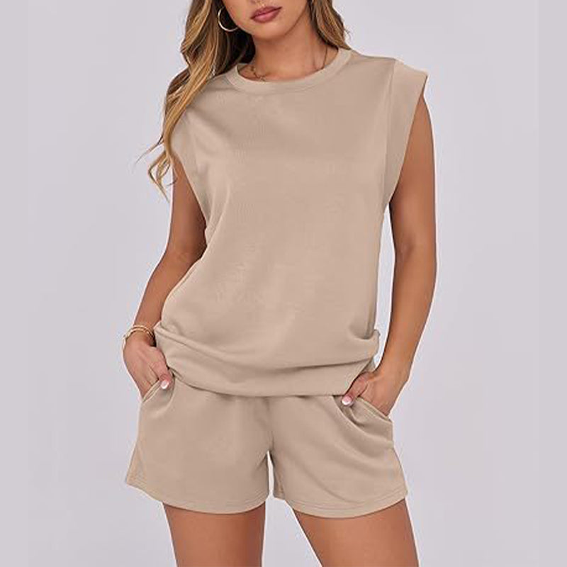 🌞Summer Sale 50% OFF🔥Women's Cap Sleeve Crewneck Top & Drawstring Shorts 2-Piece Set