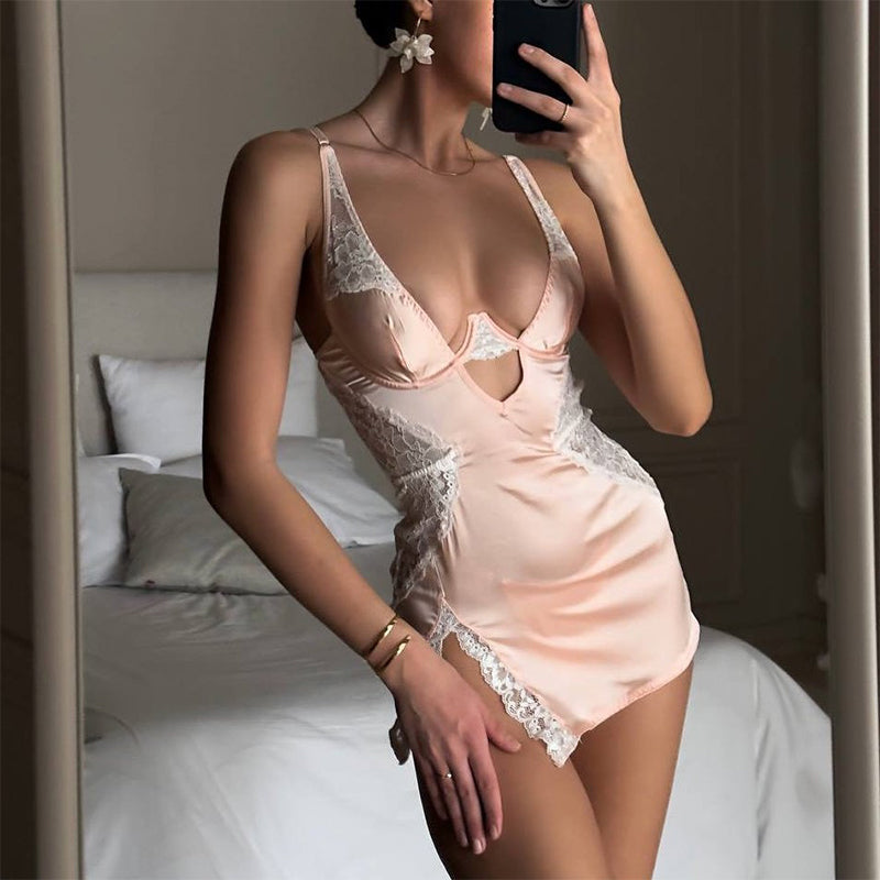 💕Sexy spaghetti strap lace dress with thong in two-piece set🩲🎁