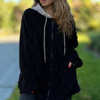 Cozy Warm Furry Hooded Jacquard Coat with Zipper
