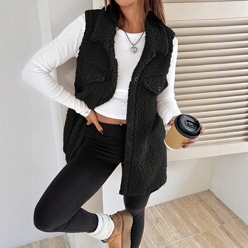 Women's Warm Fuzzy Long Button-Up Collar Vest