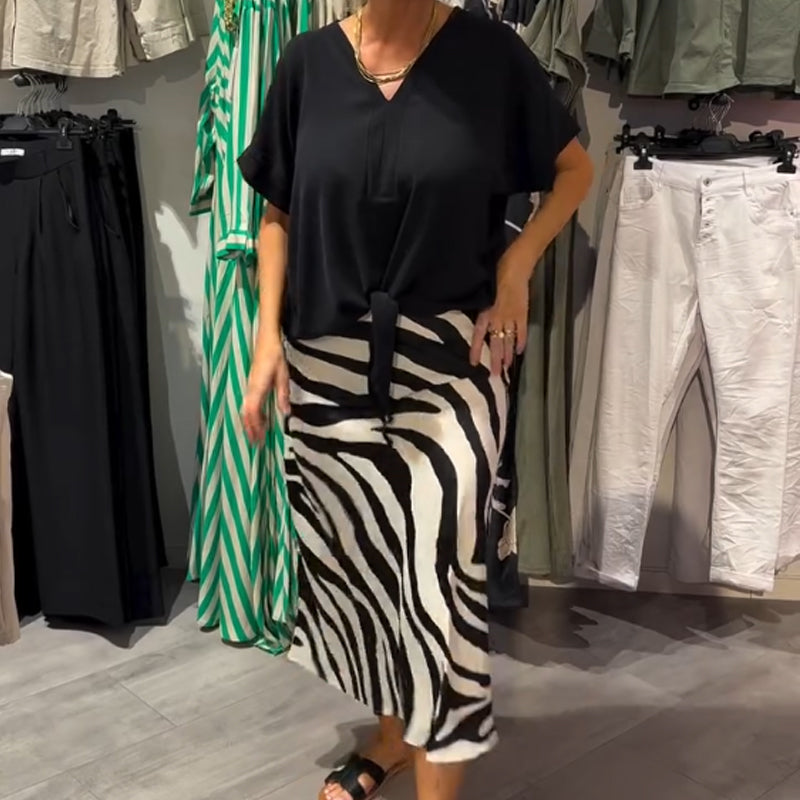 Women's Knot Front Blouse & Midi Skirt Casual Set