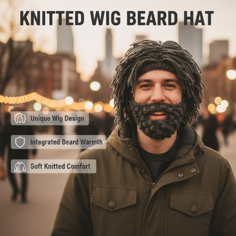 📢📢50%  OFF !! ⏰Punk-style hat with an attached simple wig and knitted beard