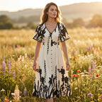 👗 50% OFF NOW! 🌸 Women's Botanical Print Midi Dress – V-Neck, A-Line & Flutter Sleeves 🌿