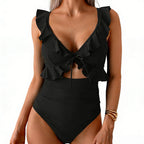 🎉 LIMITED TIME 50% OFF! 🩱 Ruffle V-Neck Swimsuit – Tummy Control & Adjustable Tie-Back Fit 🌊