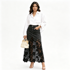 Women's Denim Bodycon Skirt with Hollow Lace Trim