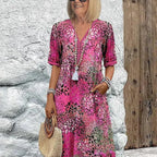 Women's Vivid Printed V-Neck Midi Dress