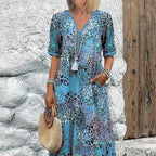 Women's Vivid Printed V-Neck Midi Dress