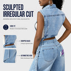 🎉50% OFF! 🧥Women Sleeveless High Slit Denim Vest Dress – Patchwork Longline Jean Waistcoat ✨