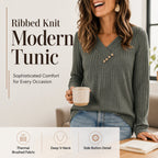 ⏰Last Day Sale 50% Off💃Women's Ribbed Knit V-Neck Top with Decorative Buttons