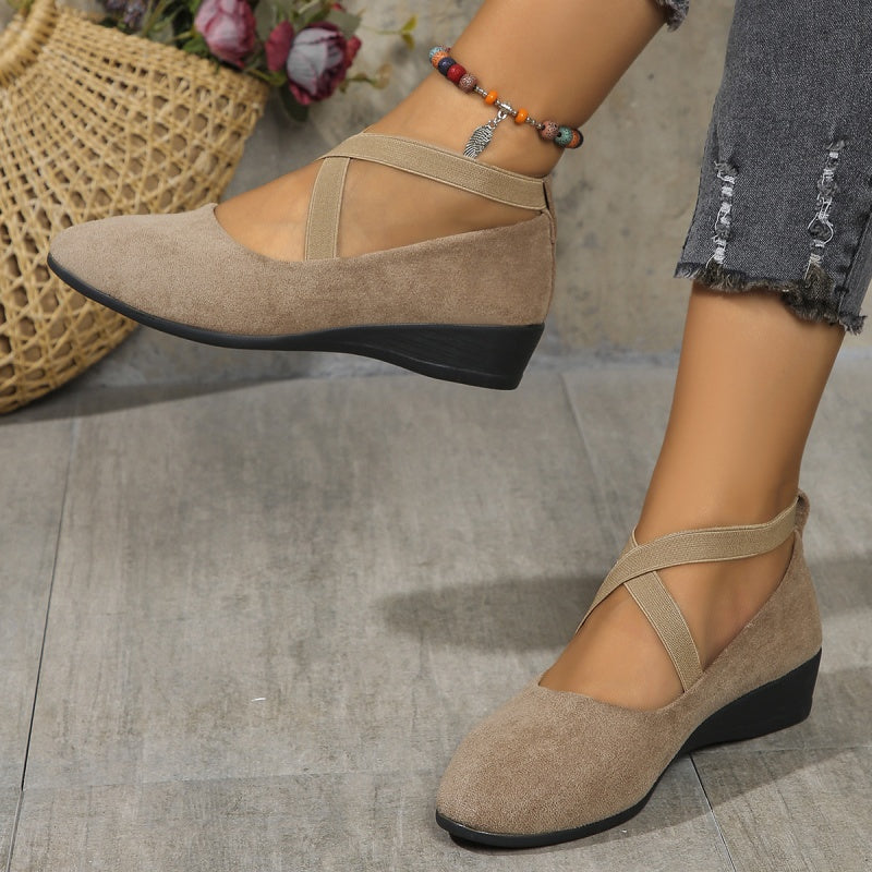 Elegant Solid Color Elastic Strap Low Wedge Shoes