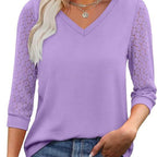Women's Casual V-Neck Lace 3/4 Length Sleeve Top