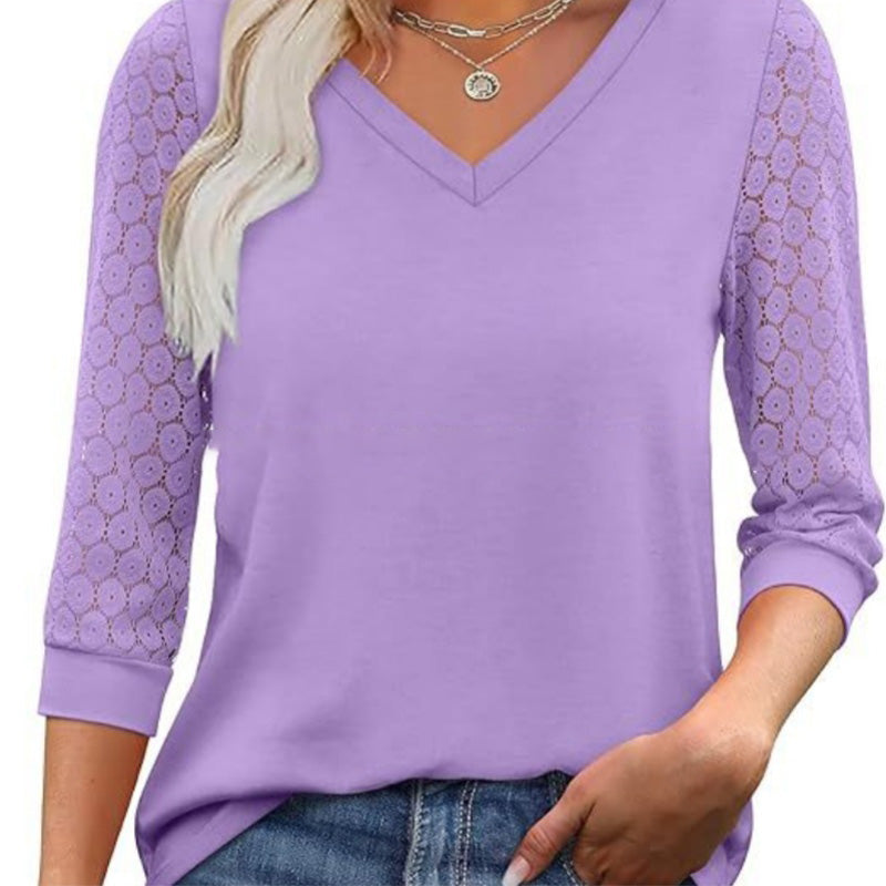 Women's Casual V-Neck Lace 3/4 Length Sleeve Top