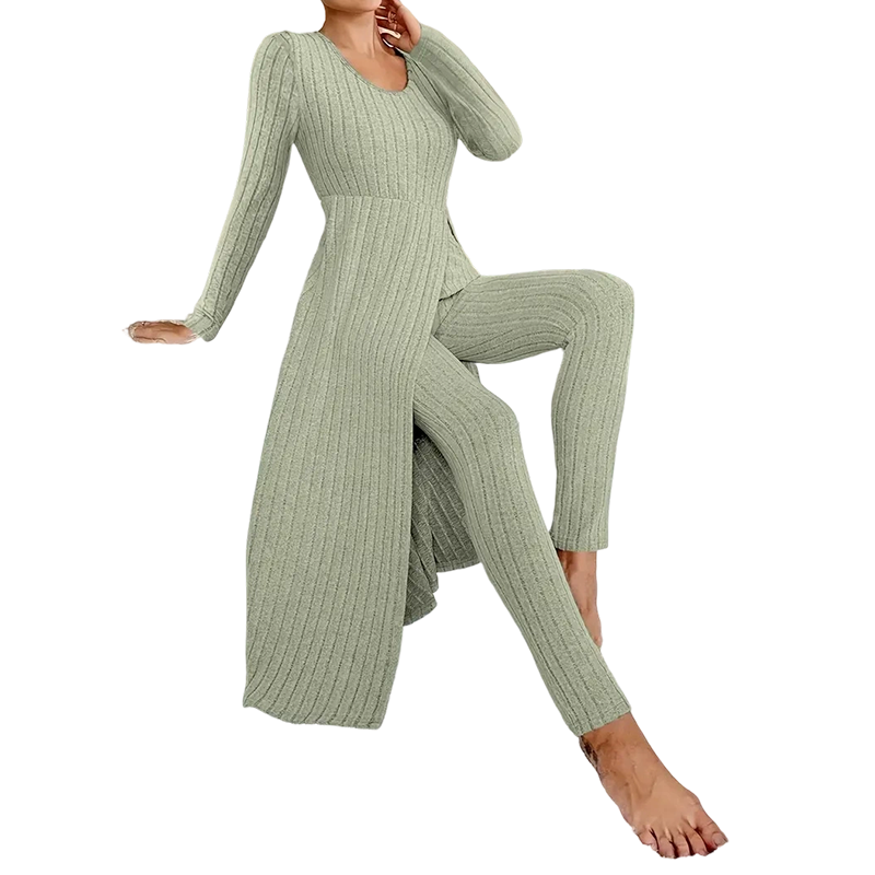 ✨ Easy Everyday Comfort 🦋 Women's Ribbed Longline Top & Slim-Fit Pants 2-Piece Set