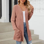 🍂 Fall Essential | Women's Striped Open-Front Long Knit Cardigan with Pockets