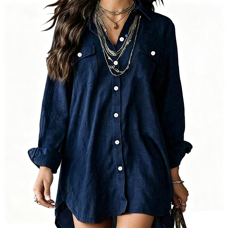 🌿 Easy, Breezy Comfort | Women's Cotton-Linen Long-Sleeve Shirt Dress