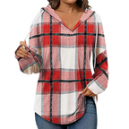 Women's Plaid Hooded Long Sleeve Drawstring V Neck Shirts