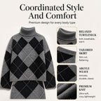 ⏳LAST DAY SALE 🍂✨ Women's Argyle Knit Sweater & Skirt Set – Elegant, Cosy & Effortlessly Chic
