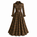 ✨ French-Inspired Elegance | Women's Plaid Cinched-Waist Pleated A-Line Dress