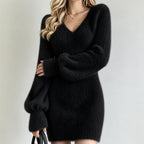 Women's V-Neck Fuzzy Knit Mini Dress