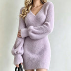Women's V-Neck Fuzzy Knit Mini Dress