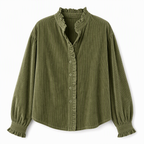 ✨ Vintage Feminine Detail | Women’s Corduroy Ruffle-Collar Blouse with Lantern Sleeves