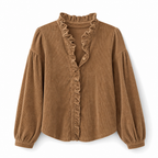 ✨ Vintage Feminine Detail | Women’s Corduroy Ruffle-Collar Blouse with Lantern Sleeves