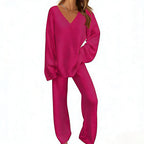 Women's Knit V-Neck Sweater & Wide-Leg Pants Set