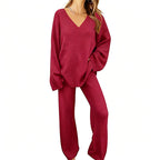 Women's Knit V-Neck Sweater & Wide-Leg Pants Set