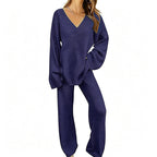 Women's Knit V-Neck Sweater & Wide-Leg Pants Set