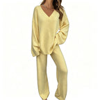 Women's Knit V-Neck Sweater & Wide-Leg Pants Set