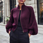 Women's Lantern Sleeve Zip-Up Knit Sweater – Elegant Sleeves, Cozy Fit, Everyday Style
